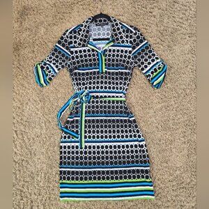 "Mlle Gabrielle"  Dress, Stylish Black, Blue, Green And White Patterned Dress